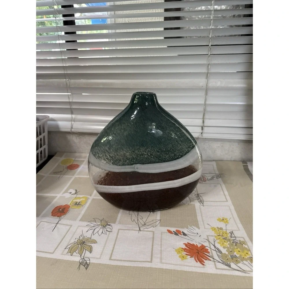 Tear Drop Glass Vase Hand Blown Heavy Walled Teal White Clear Brown Design 10 T